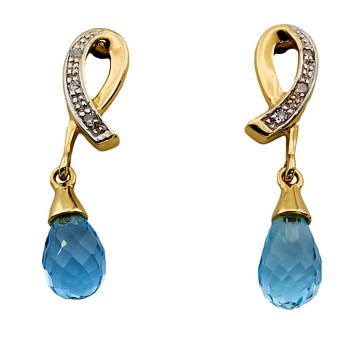 9ct Gold Blue Topaz / Diamond Drop Earrings